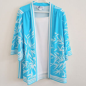 Vtg Top Notch Layered Open Front Shirt 3/4 Sleeve Turquoise Hawaiian Sz 40/20W